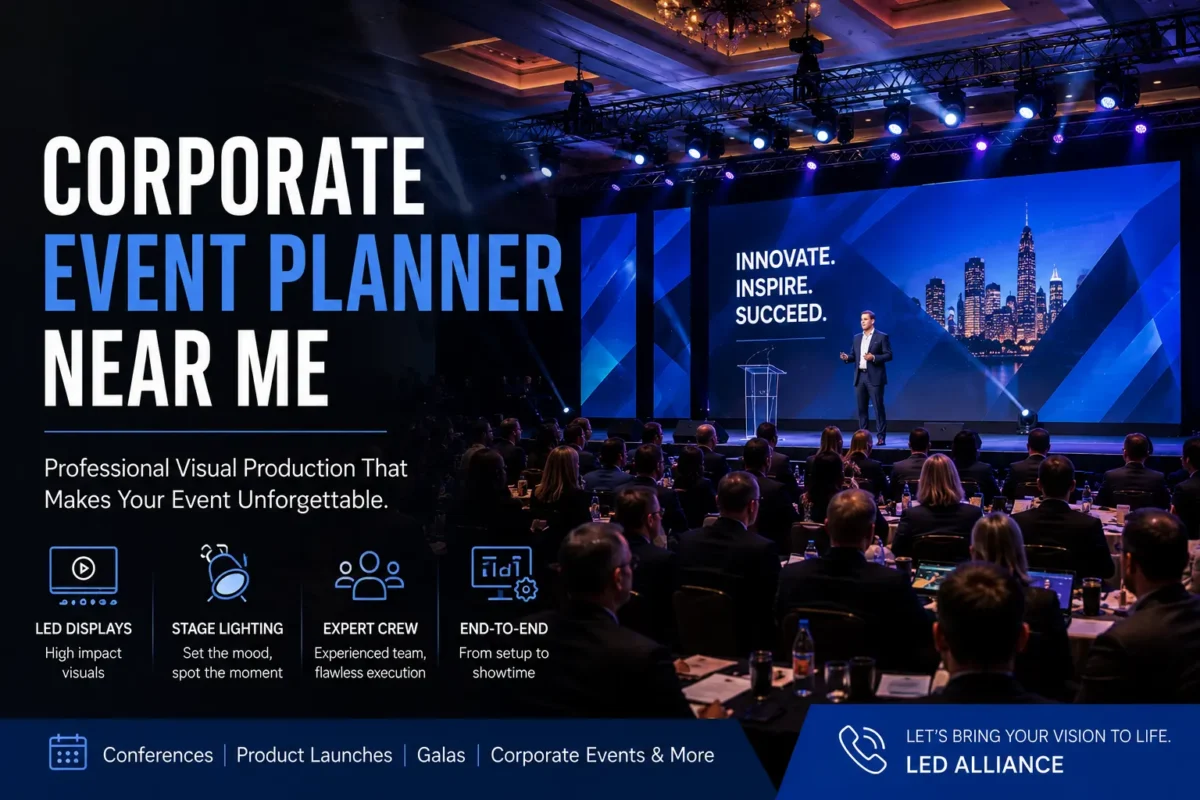 Corporate event planner near me professional visual production LED displays and stage lighting