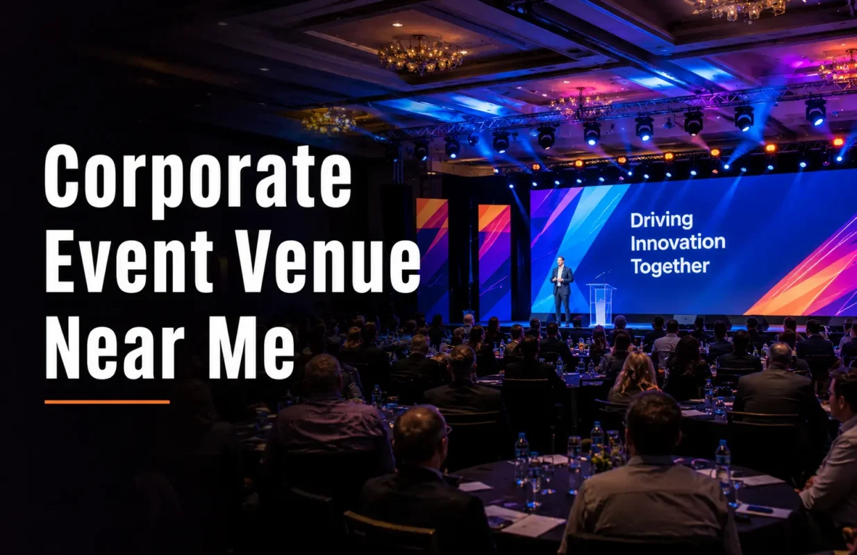 Corporate event venue near me with LED video wall and stage lighting for conference