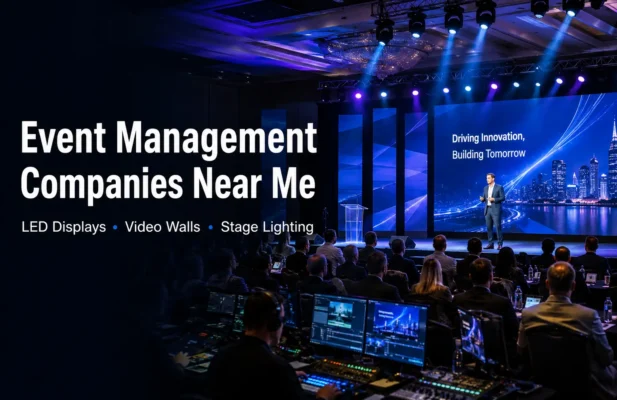 Event management companies near me LED displays video walls and stage lighting for corporate conference